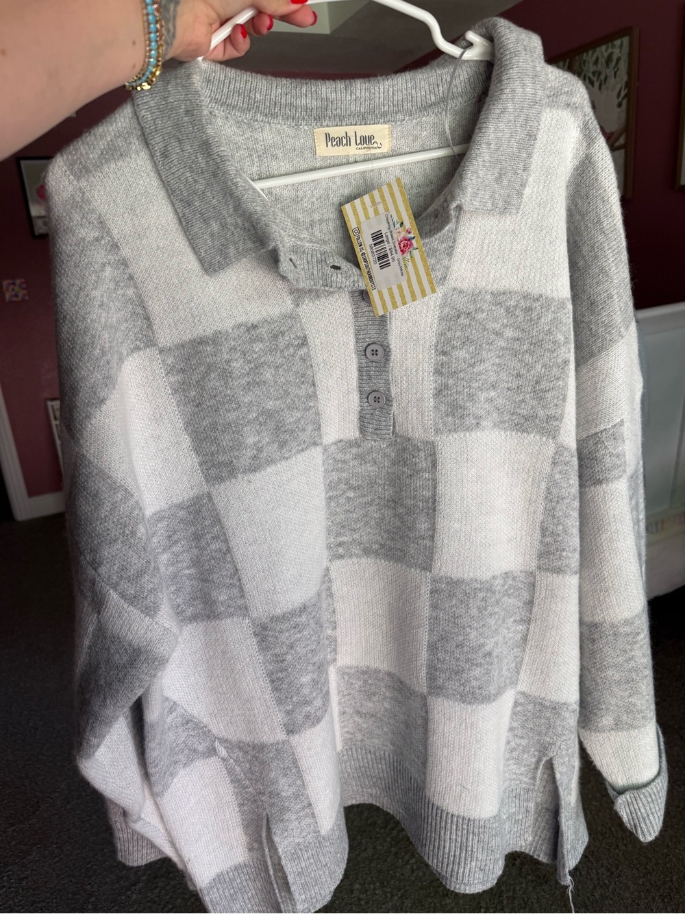 Peach Love Gray & White Check Polo Knit